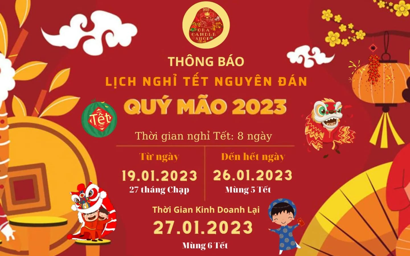 Ora Candle: Thông báo Lịch nghỉ Tết Nguyên Đán Quý Mão 2023