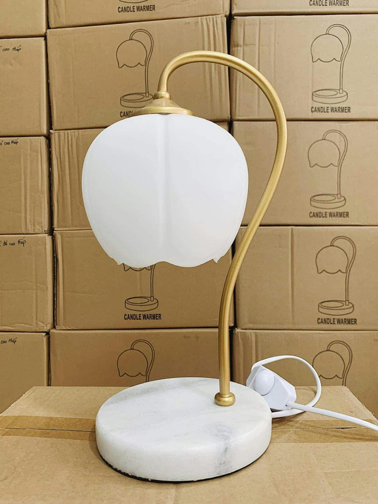 Bell-Shaped Stone Base Lamp with Glass Shade
