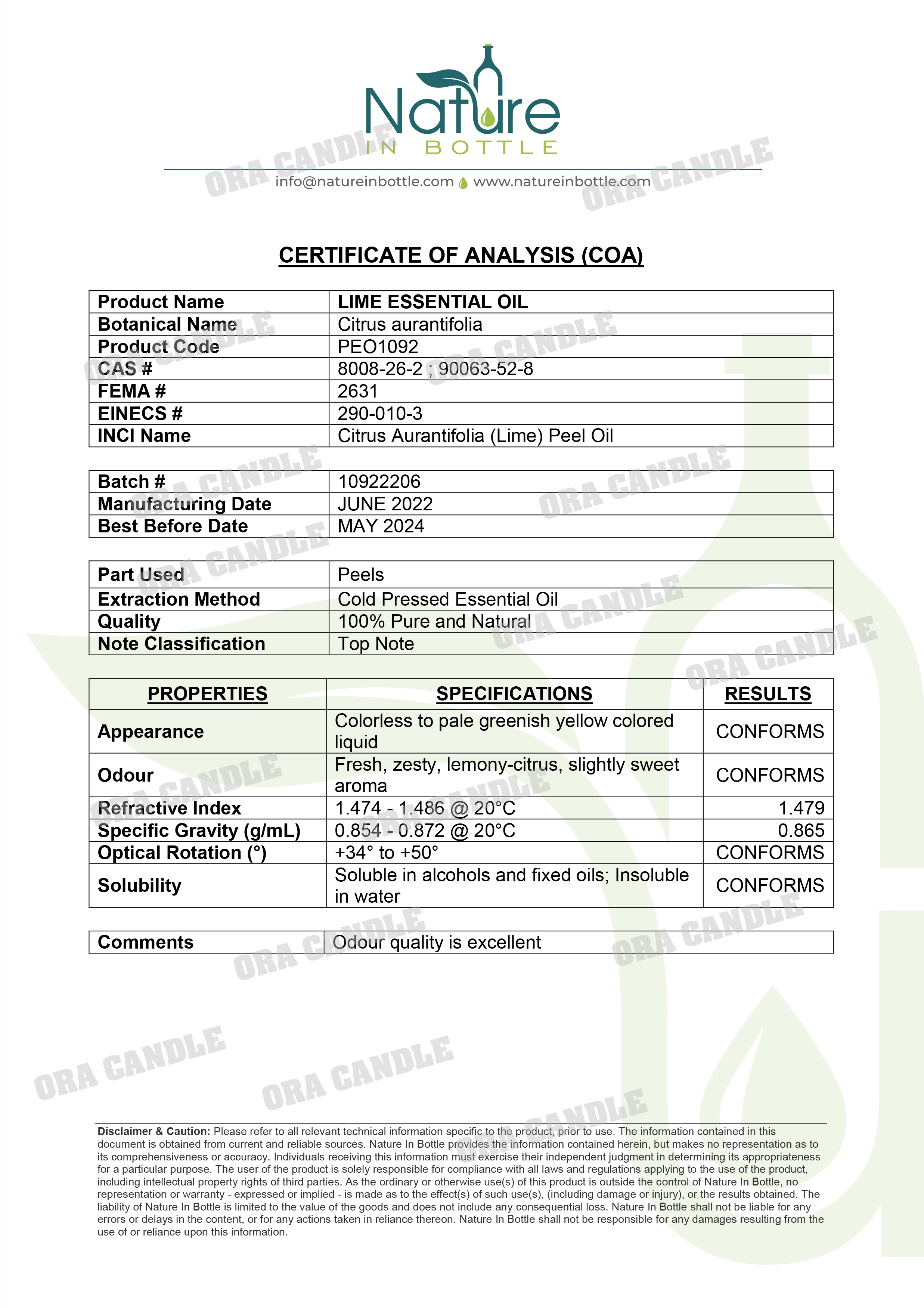 COA Lime Essential oil
