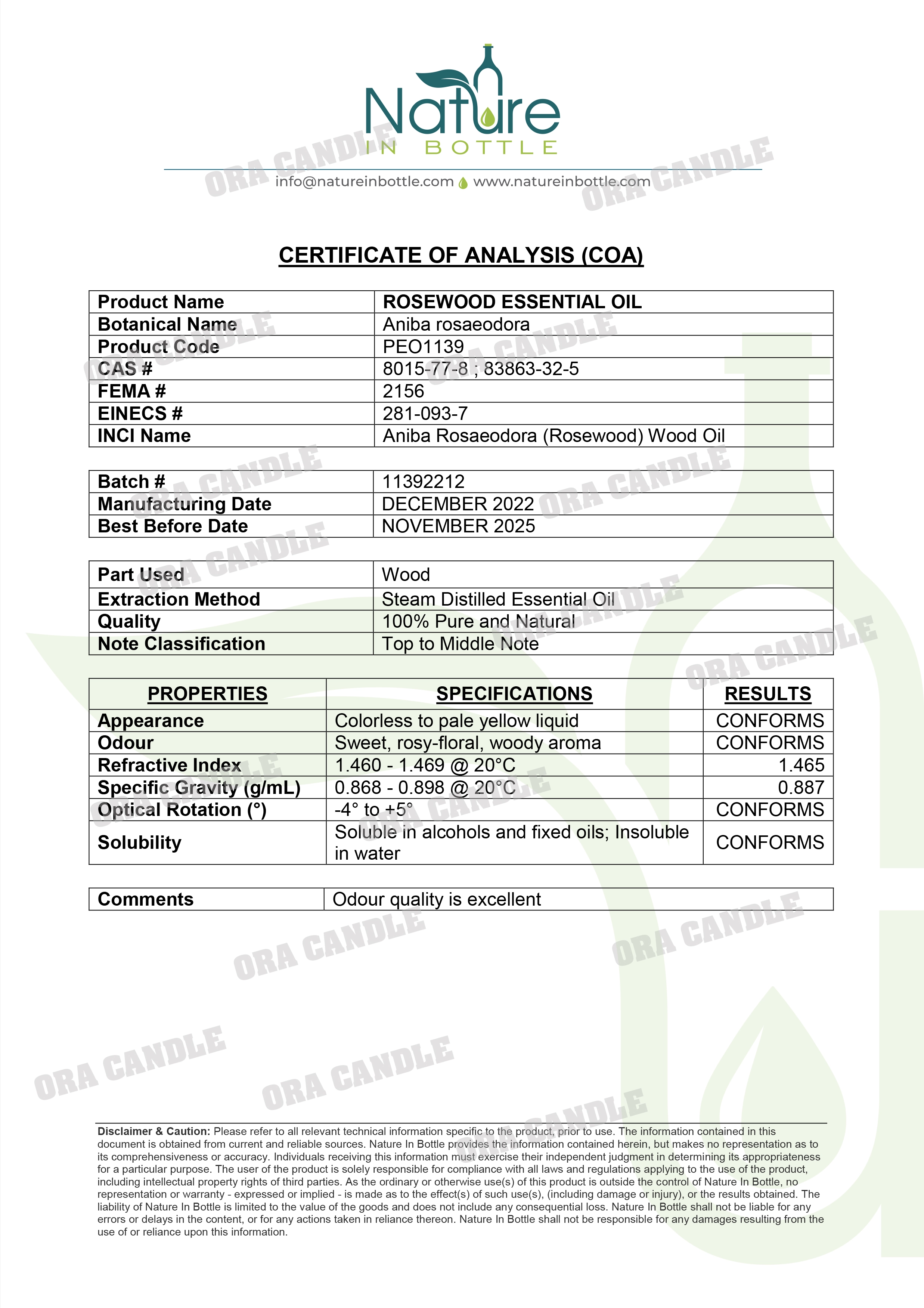 COA Rosewood oil